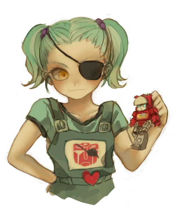 1boy, 1girl, autobot, blaster, blaster_(transformers), emblem, eyepatch, heart