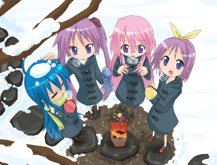 00s, 4girls, =_=, black_legwear, closed_eyes, glasses, he3, hiiragi_kagami