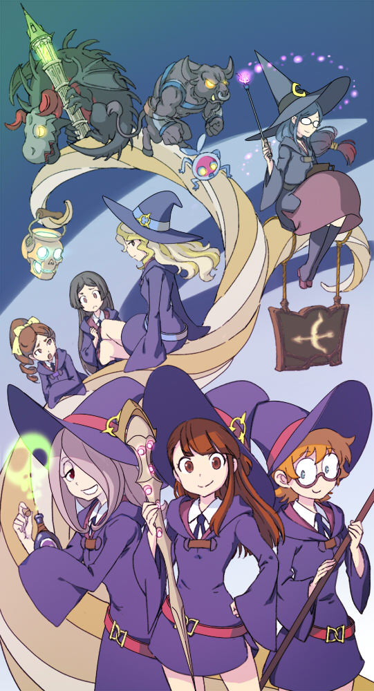 >:), 10s, 6+girls, bad_id, bad_pixiv_id, barbara_parker, belt, boots, creature, diana_cavendish, dragon, glasses, hannah_england, hat, kagari_atsuko, crossed_legs, little_witch_academia, lotte_jansson, minotaur, multiple_girls, potion, skirt, skull, smile, sucy_manbavaran, suguakiru, ursula_callistis, v-shaped_eyebrows, wand, witch, witch_hat