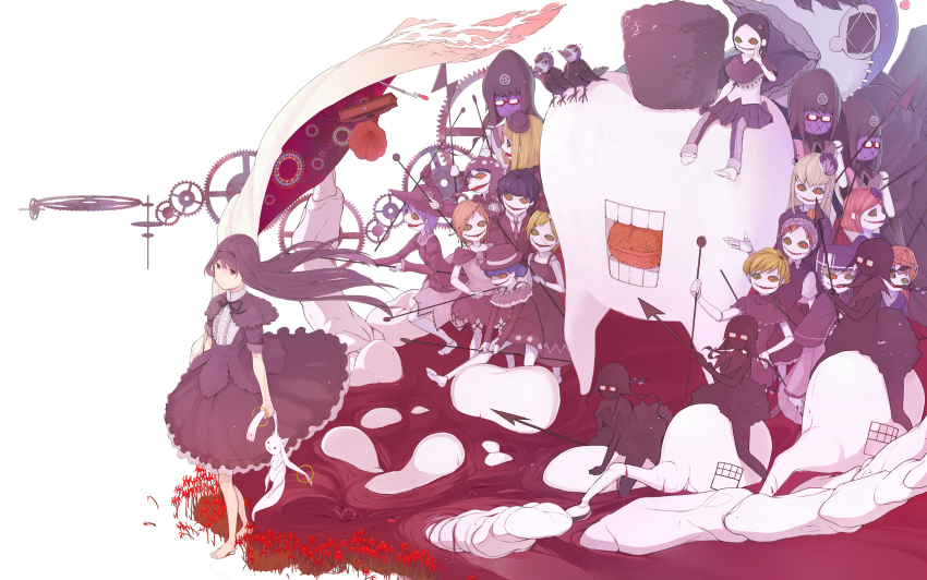 10s, 6+girls, absurdres, akemi_homura, akemi_homura_(black_dress), barefoot, black_hair, clara_dolls_(madoka_magica), dress, flower, funeral_dress, gears, glasses, green_eyes, hairband, highres, kokoro6636, kyubey, liese_(madoka_magica), lilia_(madoka_magica), long_hair, lotte_(madoka_magica), luiselotte_(madoka_magica), mahou_shoujo_madoka_magica, mahou_shoujo_madoka_magica:_hangyaku_no_monogatari, multicolored_eyes, multiple_girls, needle, nut_(food), polearm, purple_eyes, red-framed_eyewear, red_eyes, red_flower, ringed_eyes, sharp_teeth, simple_background, smile, spear, spider_lily, spoilers, tears, teeth, weapon, white_background