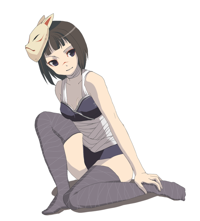 1girl, assassin, assassin_(ragnarok_online), bandages, black_hair, blue_eyes, breasts, cleavage