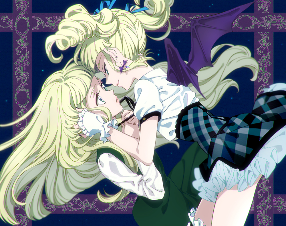 10s, 2girls, aikatsu!, aikatsu!_(series), bad_id, bad_pixiv_id, bat_earrings, bat_wings, blonde_hair, dress, drill_hair, dual_persona, earrings, eye_contact, glasses, green_eyes, hair_ornament, hair_ribbon, jewelry, long_hair, looking_at_another, multiple_girls, plaid_clothes, plaid_skirt, puffy_sleeves, ribbon, shimanekoken, skirt, smile, todo_yurika, twin_drills, twintails, unworn_eyewear, wings, wrist_cuffs