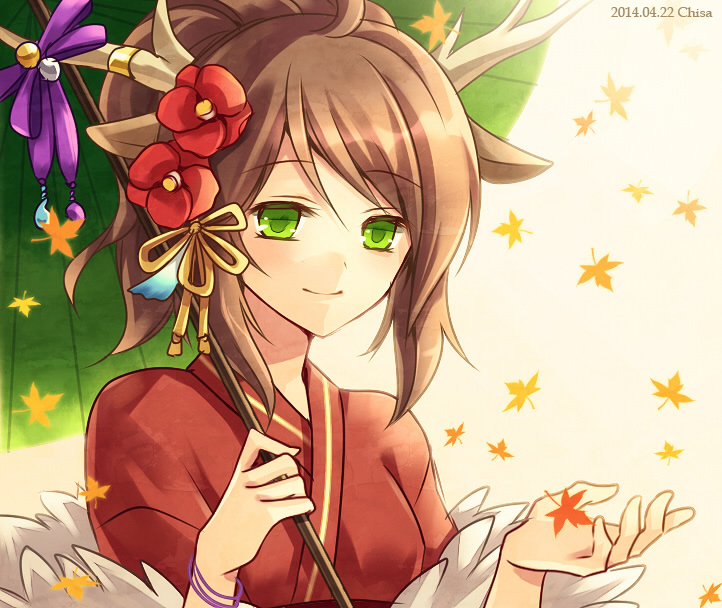 1girl, antlers, bad_id, bad_pixiv_id, bracelet, brown_hair, female_focus, flower, green_eyes, hair_flower, hair_ornament, horns, jewelry, kano_(p&amp;d), long_hair, oil-paper_umbrella, ponytail, puzzle_&amp;_dragons, smile, solo, tsubaki-chisa, umbrella, upper_body
