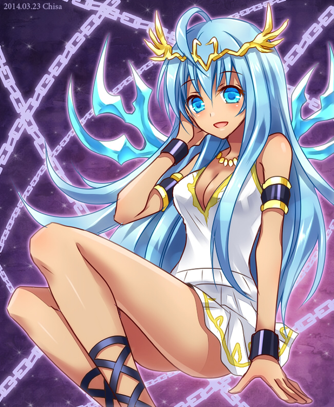 1girl, ahoge, andromeda_(p&amp;d), bad_id, bad_pixiv_id, bare_shoulders, blue_eyes, blue_hair