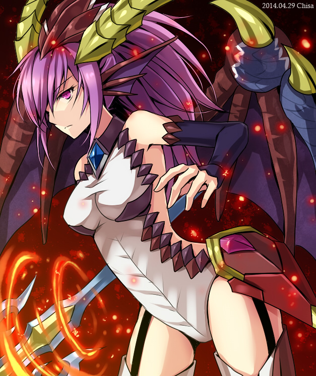 1girl, bad_id, bad_pixiv_id, dragon_wings, elbow_gloves, female_focus, gloves, horns, leotard, long_hair, ponytail, purple_eyes, purple_hair, puzzle_&amp;_dragons, solo, sonia_(p&amp;d), tsubaki-chisa, wings