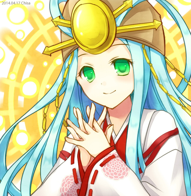 1girl, amaterasu_(p&amp;d), aqua_eyes, aqua_hair, bad_id, bad_pixiv_id, female_focus, hat