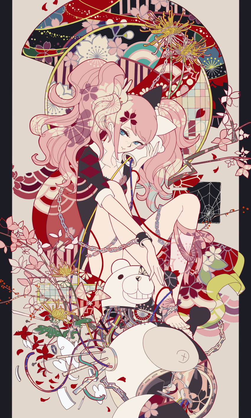 10s, 1girl, absurdres, blue_eyes, bourbone, chain, cuffs, danganronpa:_trigger_happy_havoc