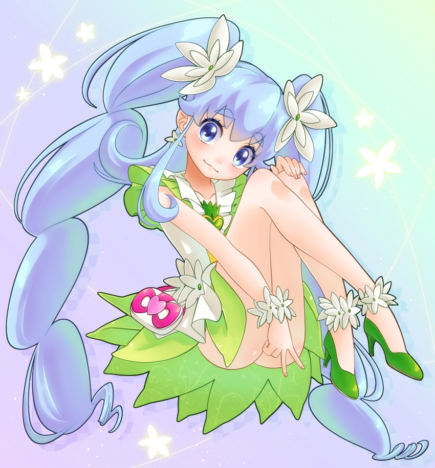 10s, 1girl, absurdres, alternate_form, blue_eyes, blue_hair, brooch, cure_princess, cure_princess_(macadamia_hula_dance), female_focus, flower, green_skirt, hair_flower, hair_ornament, happinesscharge_precure!, heart, heart_brooch, highres, jewelry, long_hair, looking_at_viewer, magical_girl, matching_hair/eyes, precure, shirayuki_hime, skirt, solo, twintails, v, yupiteru