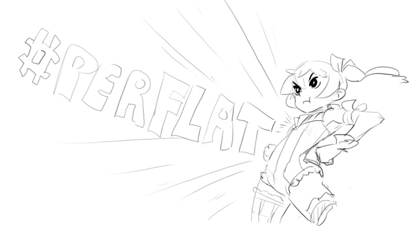 1girl, :t, cupcake-chan, dan_kim, female_focus, flat_chest, greyscale, leotard