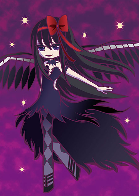 10s, 1girl, akemi_homura, akuma_homura, argyle_clothes, argyle_pantyhose, black_hair, black_wings, choker, dress, feathered_wings, female_focus, hair_ribbon, long_hair, mahou_shoujo_madoka_magica, mahou_shoujo_madoka_magica:_hangyaku_no_monogatari, pantyhose, purple_eyes, ribbon, smile, solo, spoilers, star_(symbol), tou, wings