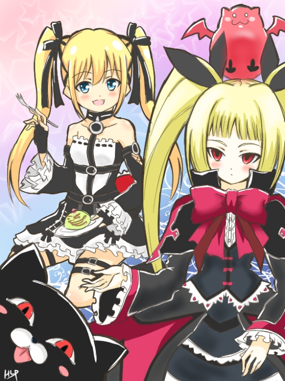 2girls, arc_system_works, bare_shoulders, blazblue, blonde_hair, blue_eyes, blush, crossover, dead_or_alive, detached_sleeves, dress, fingerless_gloves, gii, gloves, gothic_lolita, hair_ribbon, lolita_fashion, long_hair, marie_rose, multiple_girls, nago, open_mouth, rachel_alucard, red_eyes, ribbon, smile, spiritual_b90, twintails