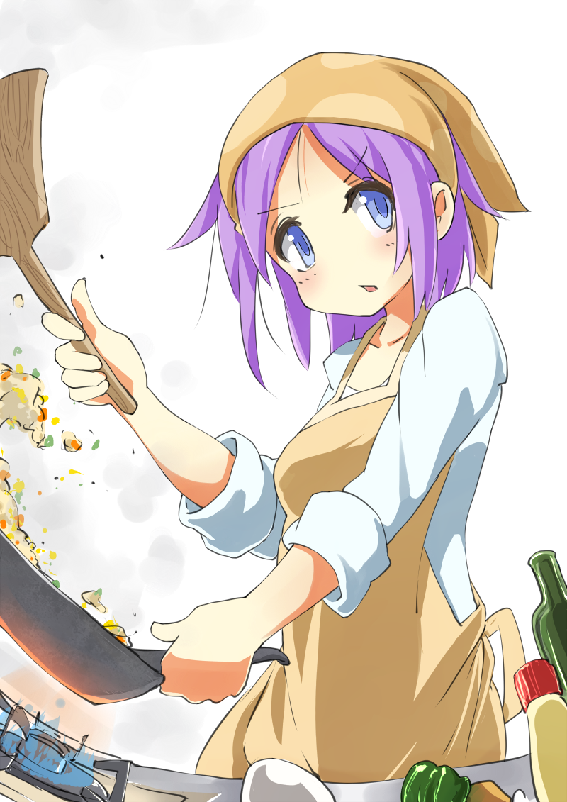 00s, 1girl, apron, bandana, blue_eyes, blush, bottle, cooking