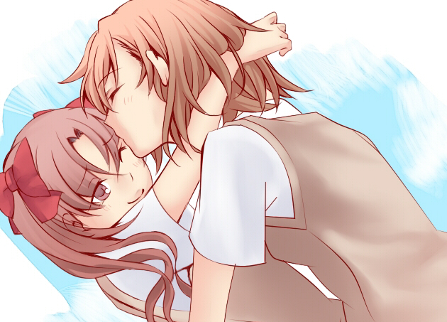 2girls, brown_eyes, brown_hair, closed_eyes, higashizukihi_sei, kiss, kissing_forehead, long_hair