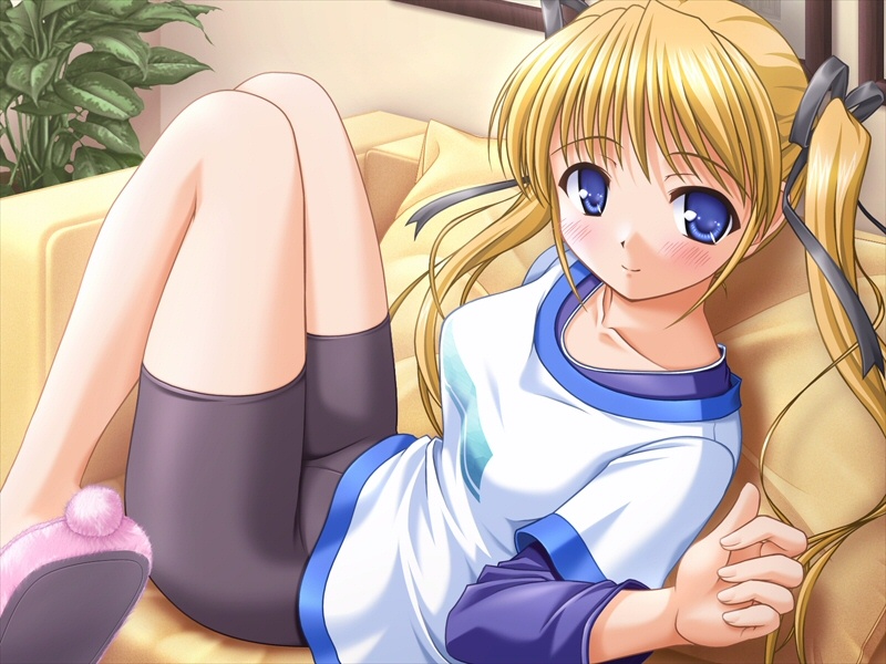 00s, 1girl, bekkankou, bike_shorts, blonde_hair, blue_eyes, blush, chair, female_focus, game_cg, hair_ribbon, hanihani, long_hair, reclining, ribbon, shibugaki_matsuri, sitting, slippers, smile, solo, tsuki_wa_higashi_ni_hi_wa_nishi_ni
