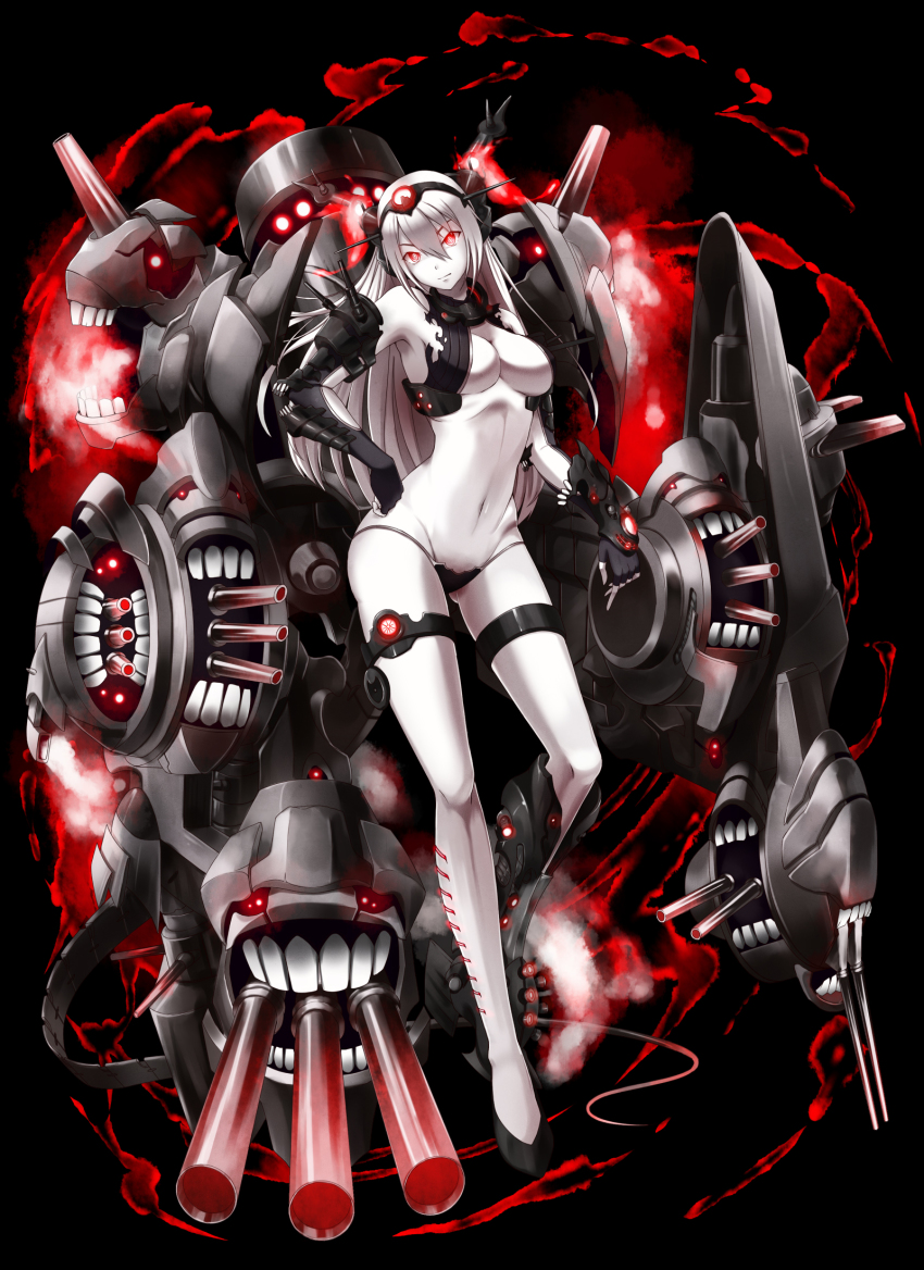 10s, 1girl, abyssal_ship, alternate_color, bare_shoulders, black_panties, breasts, cannon