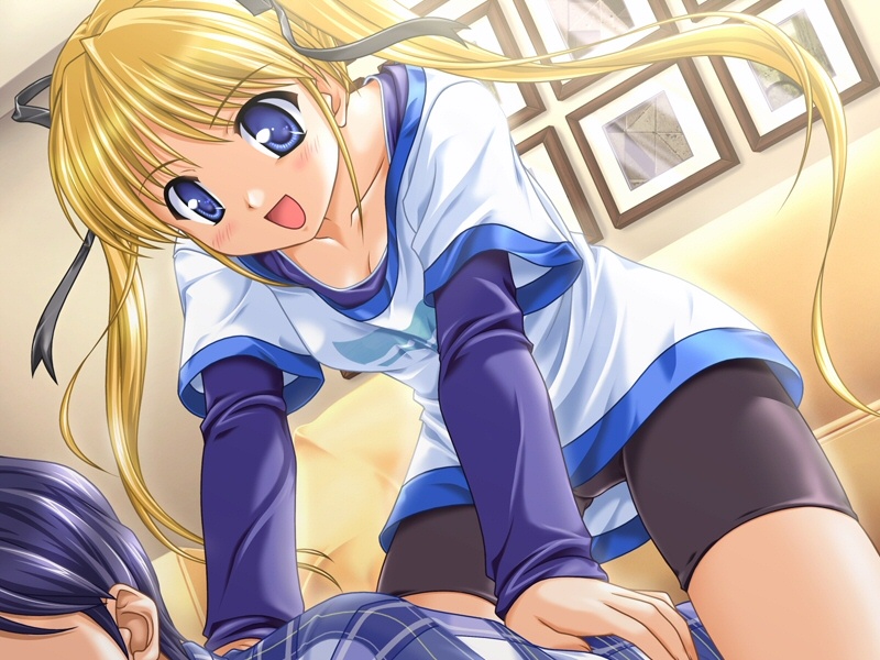 00s, 1girl, bekkankou, bike_shorts, blonde_hair, blue_eyes, blush, female_focus