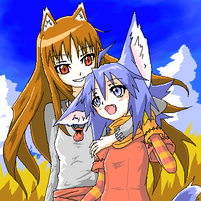 00s, 2girls, animal_ears, cat_ears, crossover, holo, lowres, mof