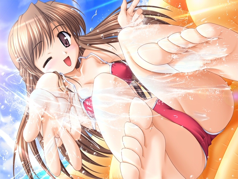 00s, 1girl, barefoot, bekkankou, bikini, brown_eyes, brown_hair, day, feet, female_focus, fujieda_honami, game_cg, hanihani, long_hair, one_eye_closed, open_mouth, red_bikini, soles, solo, swimsuit, toes, tsuki_wa_higashi_ni_hi_wa_nishi_ni, water, wink