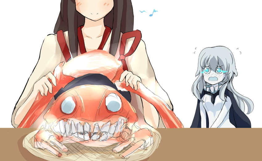 10s, 2girls, absurdres, abyssal_ship, akagi_(kancolle), blue_eyes, blush, bodysuit