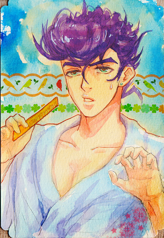 1boy, bathrobe, comb, higashikata_josuke, jojo_no_kimyou_na_bouken, male_focus, messy_hair, pompadour