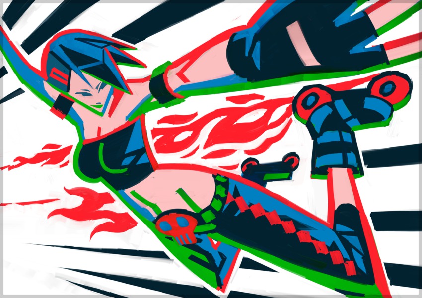 1girl, argyle_clothes, argyle_legwear, cube_(jsr), idota, inline_skates, jet_set_radio, jet_set_radio_future, roller_skates, sega, skates, strapless, tube_top