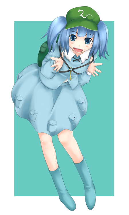 1girl, :o, blue_background, blue_dress, blue_eyes, blue_hair, blush, boots