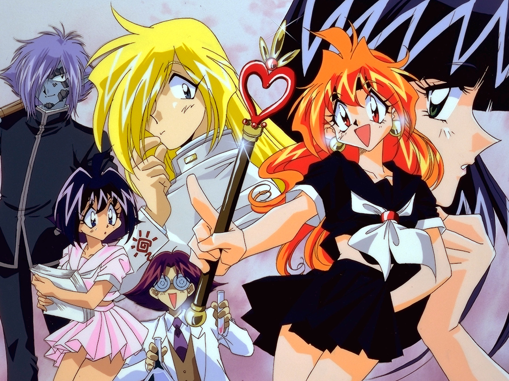 1990s_(style), amelia_wil_tesla_seyruun, blonde_hair, gourry_gabriev, lina_inverse, long_hair, magical_girl, orange_hair