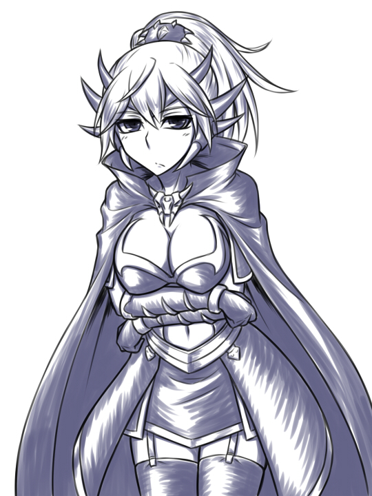 1girl, breasts, cape, cleavage, cowboy_shot, djinn_queen_dragun, duel_monster, female_focus, frown, garter_straps, hair_between_eyes, high_ponytail, lady_of_d, large_breasts, looking_at_viewer, monochrome, pataneet, ponytail, queen_dragun_djinn, solo, thighhighs, waist_cape, white_background, yu-gi-oh!