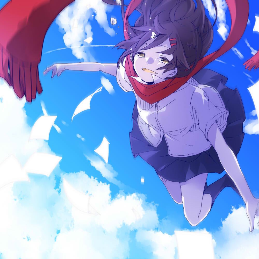 1girl, bad_id, bad_pixiv_id, black_hair, clothes_lift, day, falling, female_focus