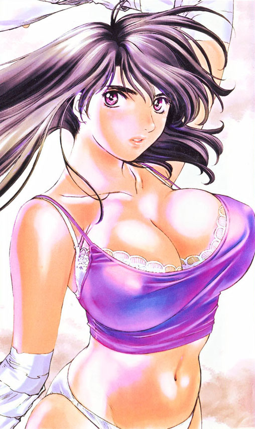 1girl, bandages, bra, breasts, camisole, cleavage, crop_top, female_focus, kobayashi_hiyoko, large_breasts, lingerie, long_hair, official_art, panties, peridot, peridot_(manga), pink_eyes, purple_hair, solo, stomach, suruga_mahiru, underwear, underwear_only, white_panties