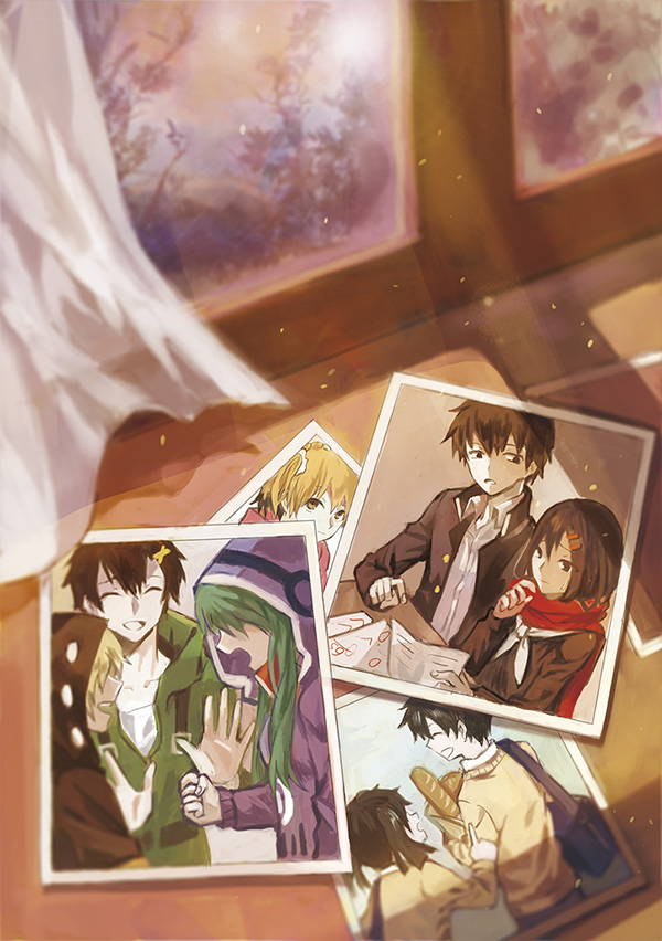 4boys, 4girls, bag, black_hair, blonde_hair, blue_bag, bread, brown_hair