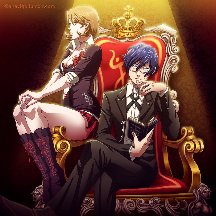 1boy, 1girl, blue_eyes, blue_hair, book, boots, breasts, cleavage, cosplay, crossed_legs, danganronpa:_trigger_happy_havoc, danganronpa_(series), diana_vigo, enoshima_junko, enoshima_junko_(cosplay), glasses, hands_on_knee, hatoko-sama, ishida_akira, ishida_akira_(voice_actor), jewelry, lace-up_boots, megami_tensei, miniskirt, nail_polish, necklace, on_throne, open_book, pearl_necklace, persona, persona_3, plaid_clothes, plaid_skirt, reading, semi-rimless_eyewear, shin_megami_tensei, short_hair, sitting, skirt, takeba_yukari, throne, togami_byakuya, togami_byakuya_(cosplay), toyoguchi_megumi, under-rim_eyewear, v_arms, voice_actor_connection, watermark, web_address, yuuki_makoto_(persona_3)