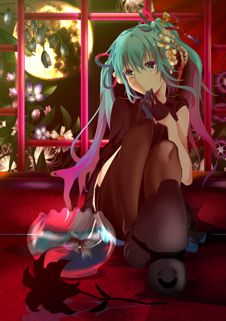 1girl, bad_id, bad_pixiv_id, female_focus, fish, fishbowl, flower, full_moon