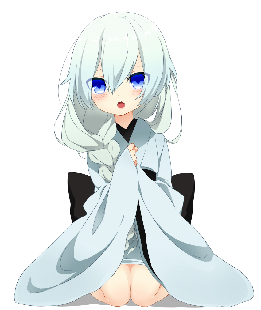 1girl, bemani, blue_eyes, braid, female_focus, highres, hiyuki-chan, japanese_clothes, kimono, long_hair, mimoza, ponytail, silver_hair, sitting, solo, sound_voltex, very_long_hair