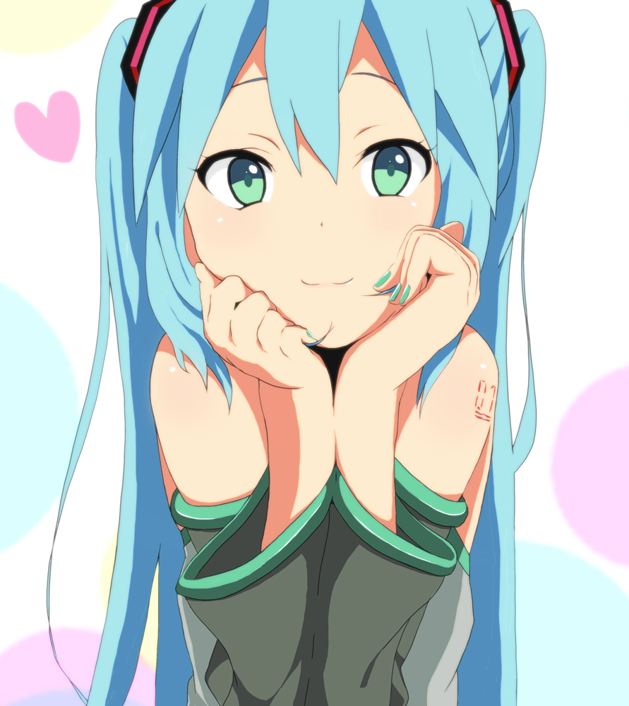 1girl, :3, aqua_hair, bare_shoulders, female_focus, green_eyes, green_nails, hatsune_miku