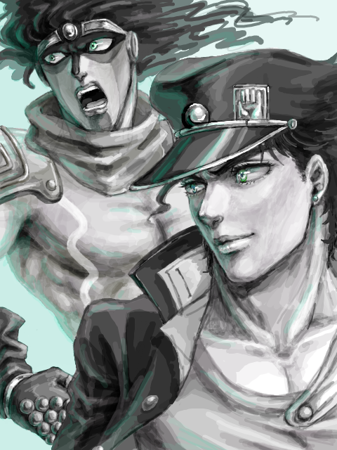 2boys, gakuran, hat, jojo_no_kimyou_na_bouken, kuujou_joutarou, multiple_boys, ponko_(uesama_suki_104), school_uniform, stand_(jojo), star_platinum, tegaki