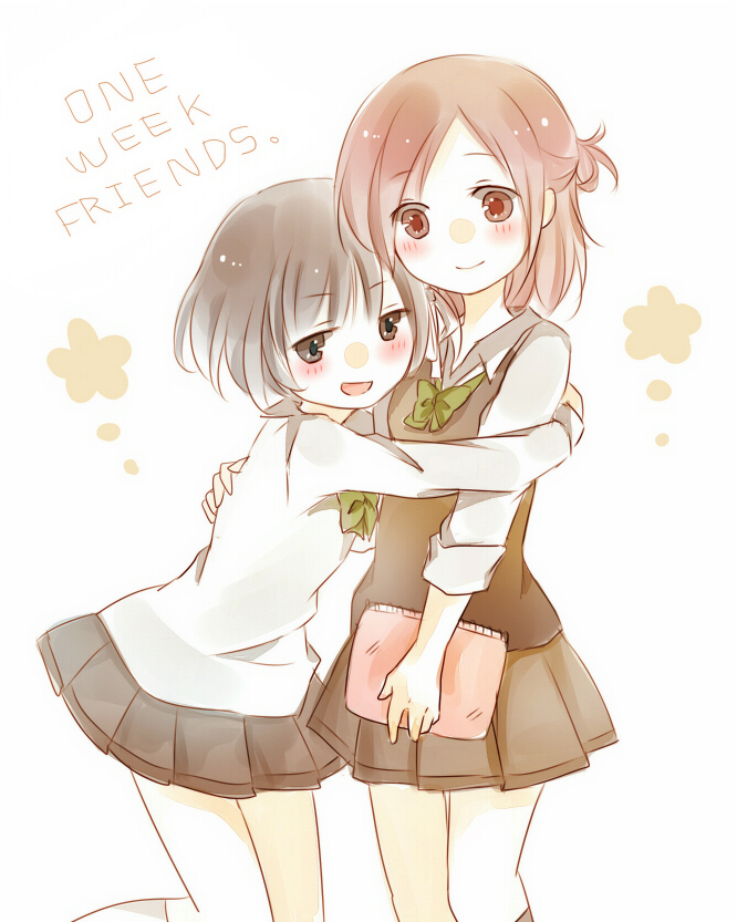 10s, 2girls, bad_id, bad_pixiv_id, blush, brown_eyes, brown_hair, brown_skirt
