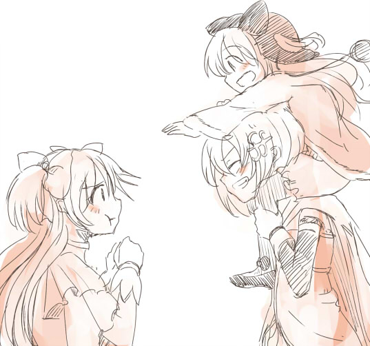 10s, 3girls, bow, cape, carrying, fortissimo, gloves, grin