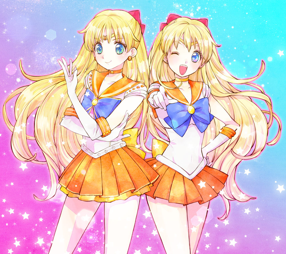 2girls, ;d, aino_minako, aqua_background, bad_id, bad_pixiv_id, bishoujo_senshi_sailor_moon, blonde_hair, blue_eyes, bow, brooch, choker, clone, dual_persona, elbow_gloves, gloves, gradient_background, hair_bow, half_updo, hand_on_own_hip, jewelry, long_hair, magical_girl, multiple_girls, one_eye_closed, open_mouth, orange_skirt, pink_background, pleated_skirt, red_bow, ribbon, sailor_collar, sailor_moon_musical, sailor_senshi, sailor_venus, sami_(3a3i3a3i), skirt, smile, star_(symbol), super_sailor_venus, white_gloves, wink