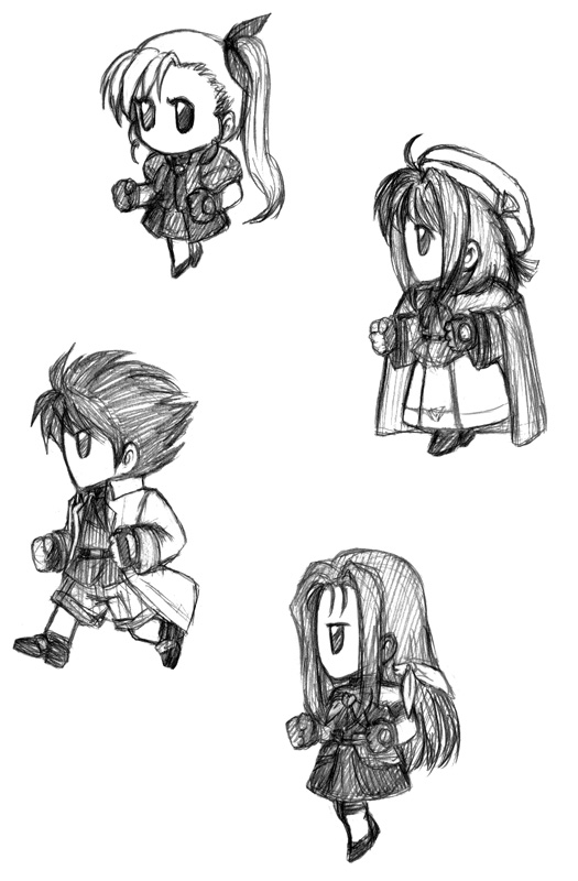 1boy, 3girls, asclepius_(nanoha), bartz_klauser, bartz_klauser_(cosplay), caro_ru_lushe, chibi, cosplay