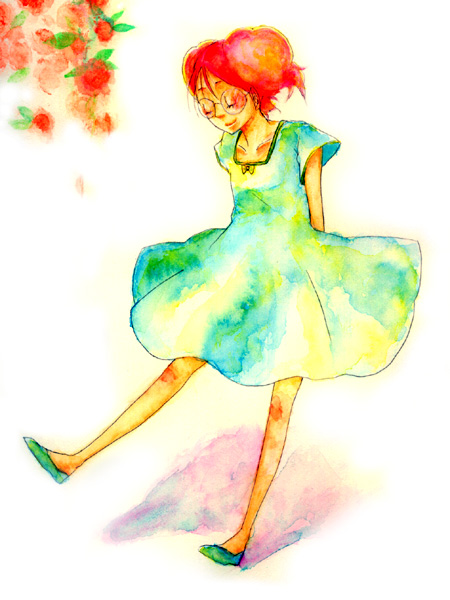 00s, 1girl, arms_behind_back, blue_dress, blush, dress, female_focus, full_body