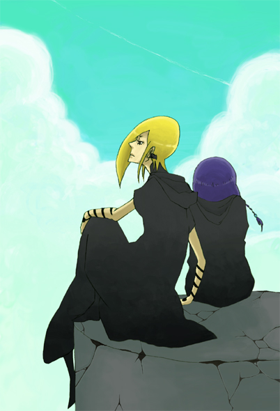 00s, 1boy, 1girl, atori_(noein), blonde_hair, braid, cloak, hood