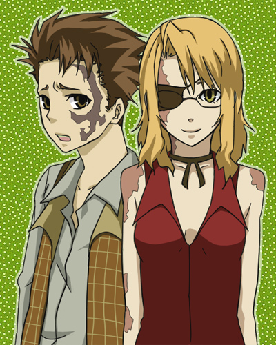 00s, 1boy, 1girl, baccano!, blonde_hair, breasts, brown_hair, cleavage, eyepatch, glasses, jacuzzi_splot, long_hair, lowres, nice_holystone, scar, shirt, small_breasts, tattoo, uhoho_(nano-pico), vest