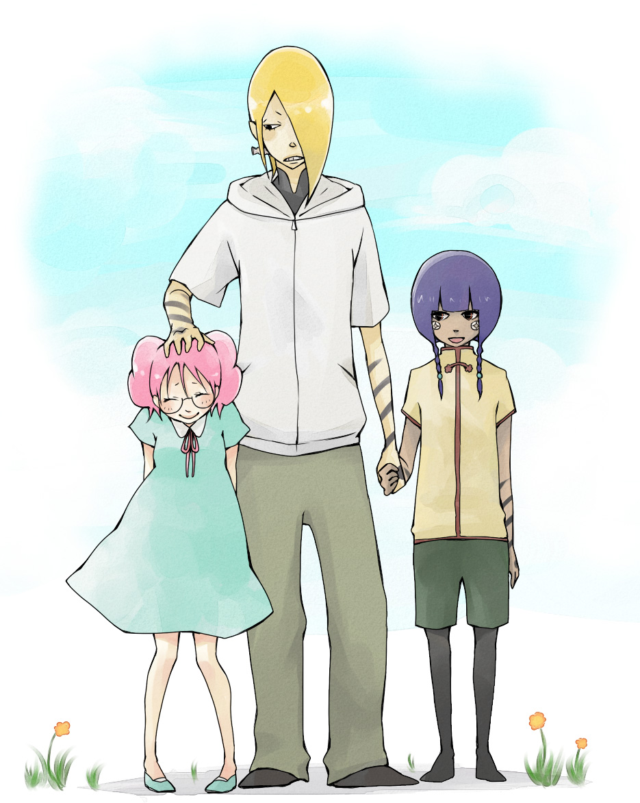 00s, 1boy, 2girls, ^_^, atori_(noein), blonde_hair, blue_dress, blush