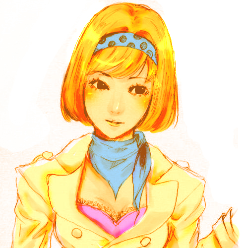 1girl, blonde_hair, bob_cut, breasts, cleavage, coat, female_focus, hairband, katahira_kouji, looking_away, lowres, neckerchief, original, solo