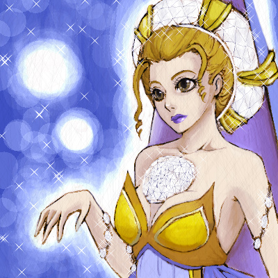 1girl, bare_shoulders, blonde_hair, breasts, character_request, cleavage, diamond_(gemstone), diana_(legend_of_mana)