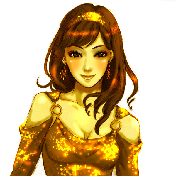 1girl, breasts, brown_hair, cleavage, collarbone, earrings, female_focus, hairband, jewelry, katahira_kouji, looking_at_viewer, original, smile, solo, sparkle