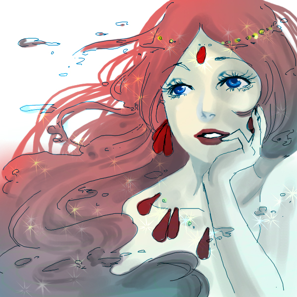 00s, 1girl, blue_eyes, collarbone, female_focus, floating_hair, gake_no_ue_no_ponyo, grandmanmare, head_rest, katahira_kouji, lipstick, long_hair, looking_away, makeup, nude, parted_lips, red_hair, solo, studio_ghibli, very_long_hair