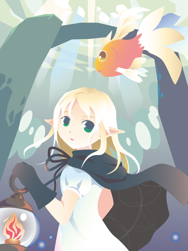 1girl, blonde_hair, cloak, expressionless, female_focus, fish, gauntlets, green_eyes, kazaki_(akllab), lantern, long_hair, looking_at_viewer, looking_back, original, pointy_ears, solo