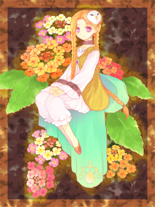 1girl, blonde_hair, braid, female_focus, flower, full_body, hands_on_lap, kazaki_(akllab)